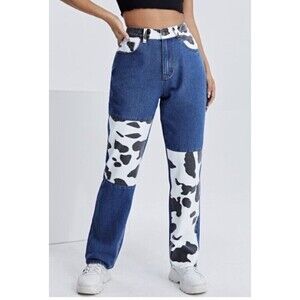 High Waisted Cow Print Farm Zip Up Jeans  Sz 28 Us 6 Pants Baggy High Waist